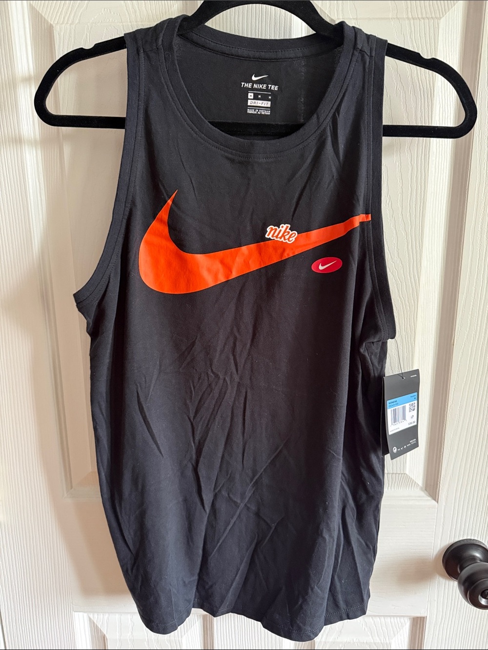 Nike Black Tank with Bright Orange Swoosh and Red Accent
